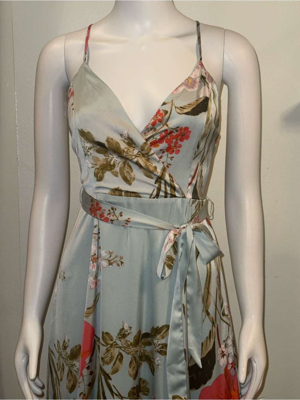 Lulu's Soft Sage Floral Belt Tie Maxi Dress with Coral Accents - Picture 3 of 14